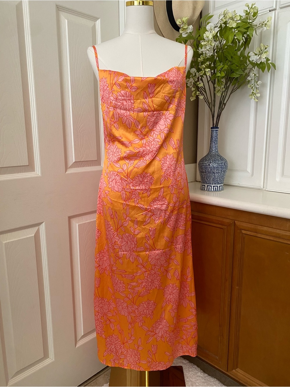Missguided Orange Slip Dress with Pink Floral Print